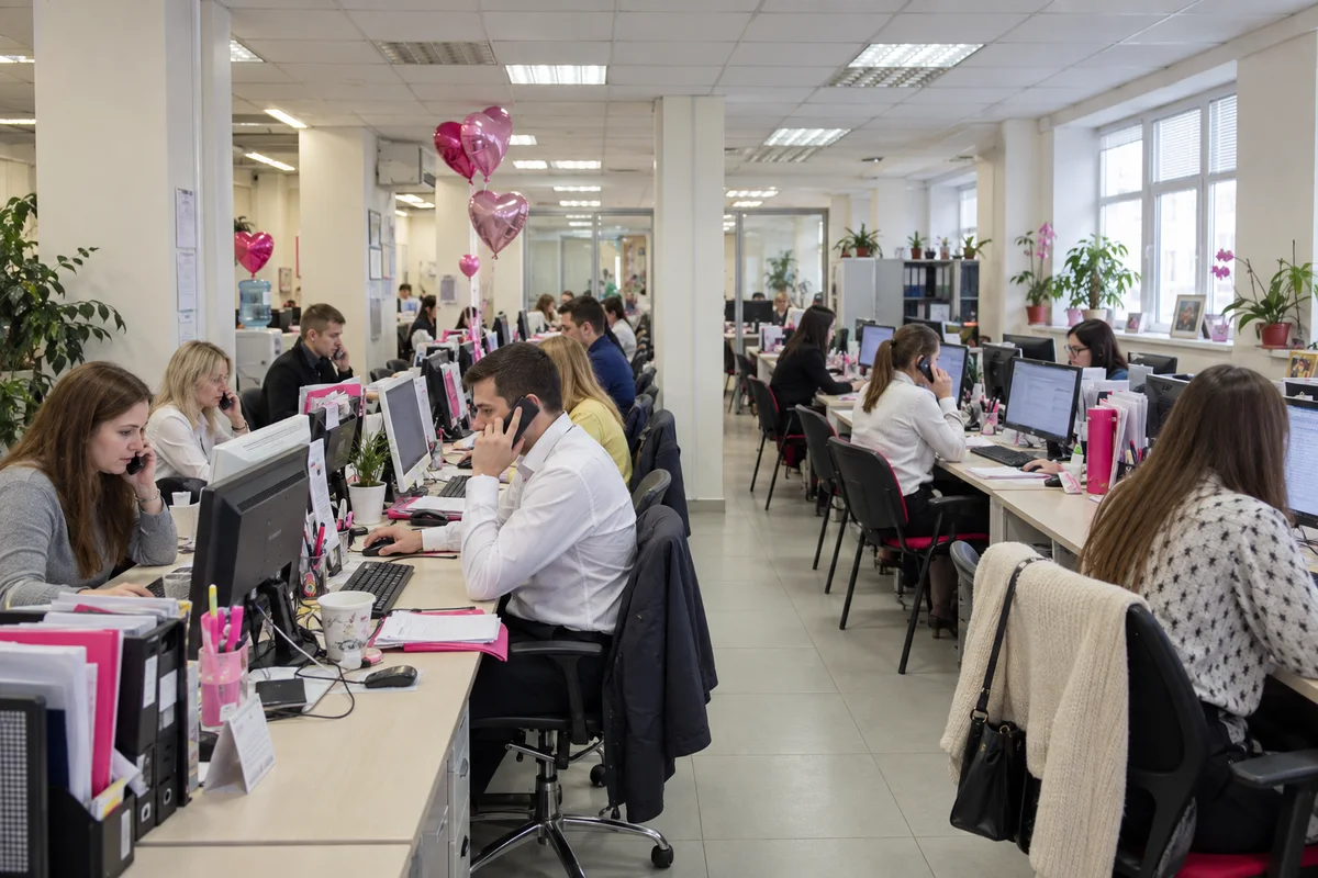 Команда отдела продаж за рабочими столами в офисе, иллюстрация